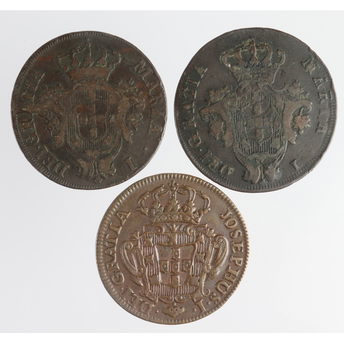 302 - Portugal & Colonies copper (3): 10 Reis 1765 nEF; Azores 20 Reis: 1795 GF, and 1796 F/GF