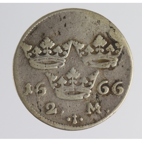 319 - Sweden silver 2 Mark 1666, VG/GF, possibly plugged.