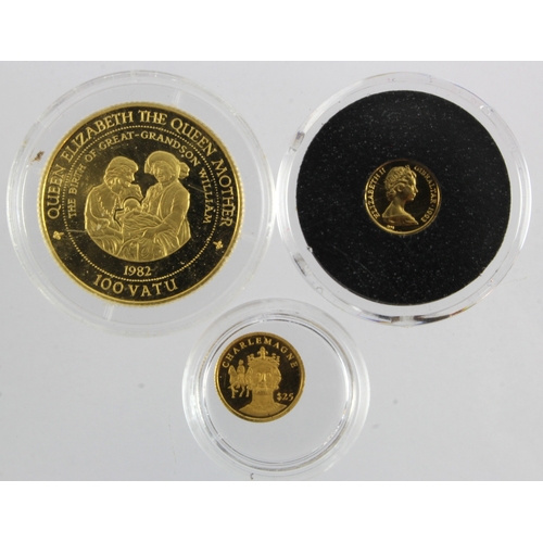 338 - World Gold Coins (3): Vanunatu QM 100 Vatu 1997 nFDC in capsule; Liberia Charlemagne $25 mini coin 2... 