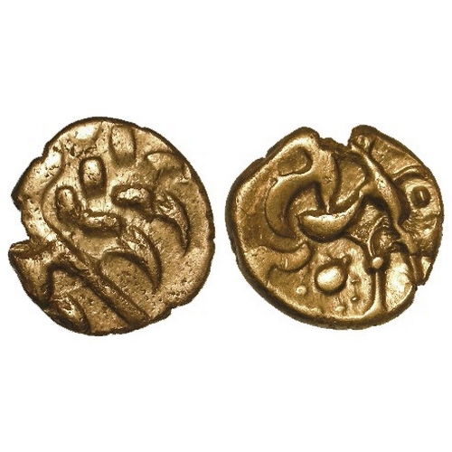 342 - Celtic Britain, Corieltauvi early uninscribed gold Stater mid-late 1stC BC. Sunflower below horse. S... 