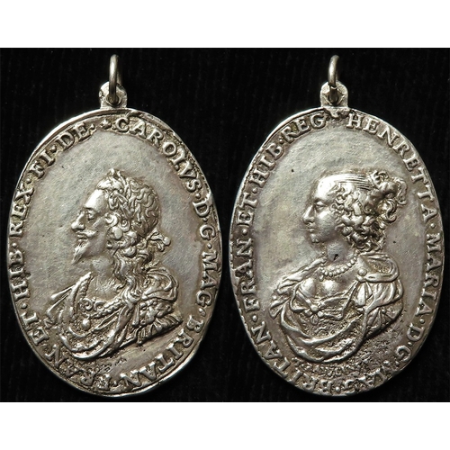 392 - Charles I & Henrietta Marie cast silver Royalist badge 27.5x36.5mm, 8.00g, with Rawlins portraits, a... 