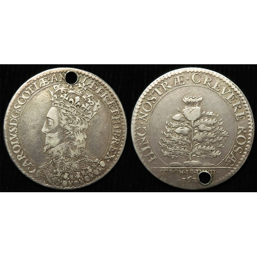 411 - Charles I Scottish Coronation silver medal 1633 by Nicholas Briot, d. 28.5mm, 4.52g, holed above cro... 