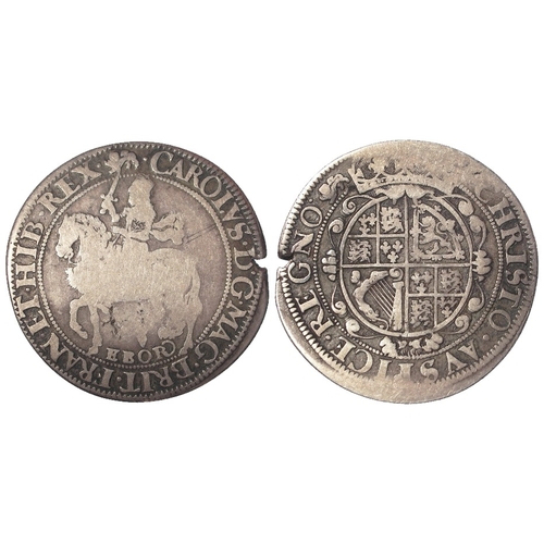 423 - Charles I silver Halfcrown of York, mm. lion, EBOR below horse, tail between legs. / Lion's skin gar... 