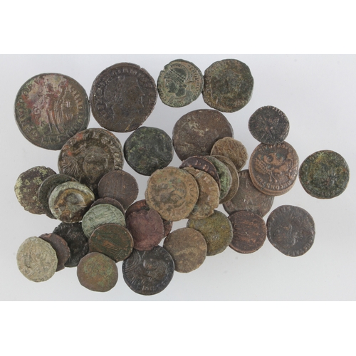 447 - Ancient Bronze Coins (37) mostly late Roman minors, noted better grade Maximian Folle; a Constantino... 