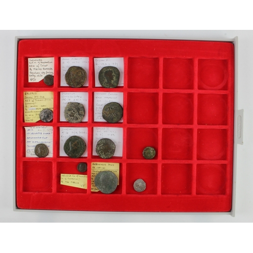 448 - Ancient Coins (13) mostly Roman, housed in a Lindner tray, most with tickets. Includes Marcus Aureli... 