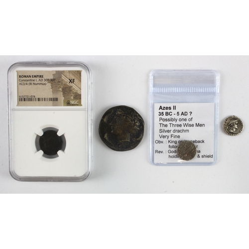 449 - Ancient coins and copies (4): Indo-Scythian/Baktrian silver Drachm of Azes II (a king believed to ha... 