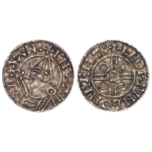 454 - Anglo-Saxon: Cnut silver Penny, Pointed Helmet type, Canterbury mint, moneyer Leofwine: +LEOFPINEONC... 