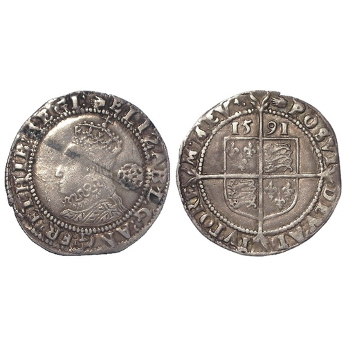 485 - Elizabeth I hammered Sixpence 1591 mm. hand. S.2578B. 2.88g. GF/VF, a dark stripe across obv.