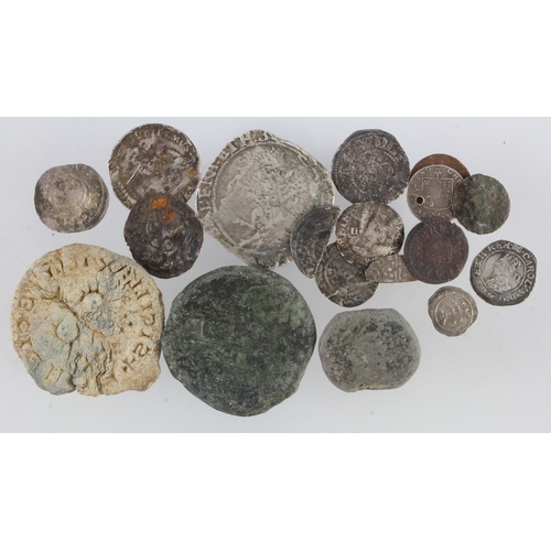 492 - English hammered coins and fragments etc (18) noted Charles II Halfgroat mm. portcullis, S.2829 GF; ... 