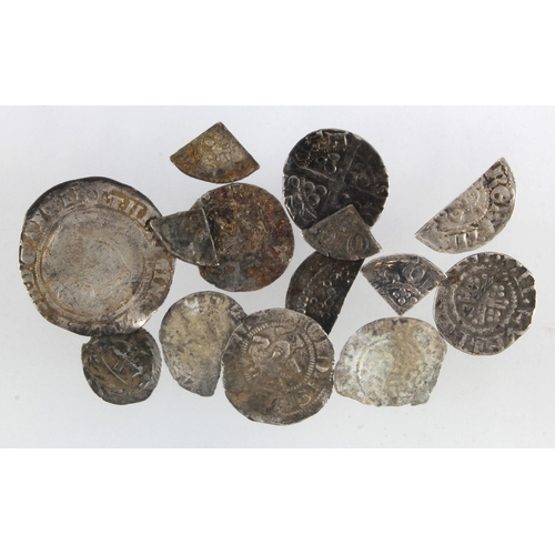 495 - English hammered silver (14) coins and fragments, noted Elizabeth I Sixpence 1569 mm. coronet nF; Co... 