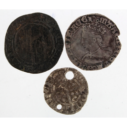 497 - English Hammered silver (3): Mary Tudor Groat mm. pomegranate, chipped F-GF; Elizabeth I Sixpence 15... 