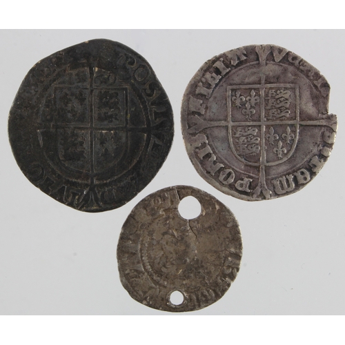 497 - English Hammered silver (3): Mary Tudor Groat mm. pomegranate, chipped F-GF; Elizabeth I Sixpence 15... 