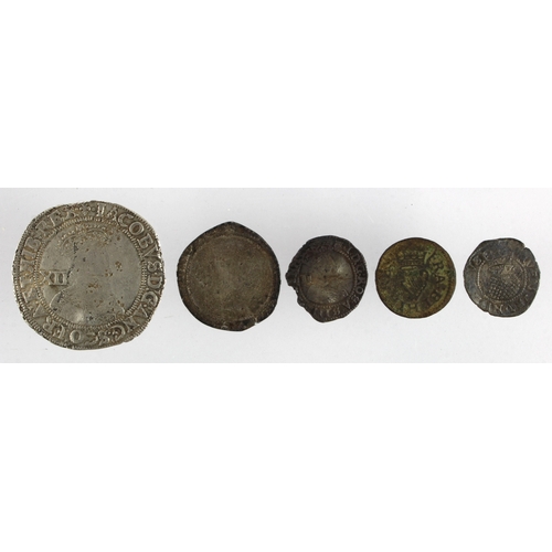 511 - James I (5): Shilling, 1st Coinage, 2nd bust, mm. lis, S.2646, 5.55g, dented and porous F/GF; Sixpen... 