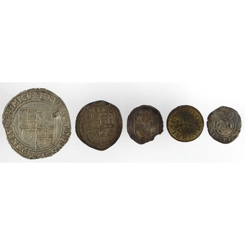 511 - James I (5): Shilling, 1st Coinage, 2nd bust, mm. lis, S.2646, 5.55g, dented and porous F/GF; Sixpen... 