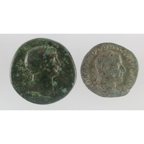 523 - Roman Imperial bronze sestertii (2): Trajan, Danube bridge rev., smooth green patina Fair, along wit... 