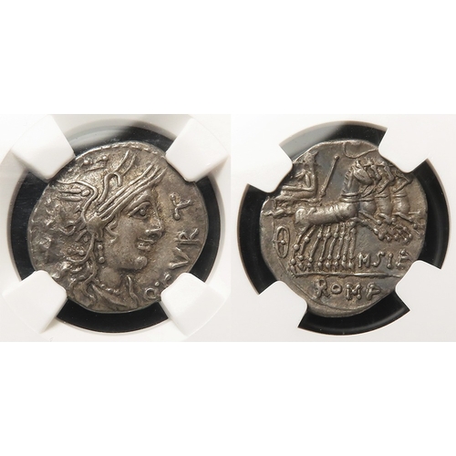 530 - Roman Republican: Q. Curtius & M. Silanus silver Denarius, Rome c.116-115 BC. Roma r. / Quadriga r. ... 