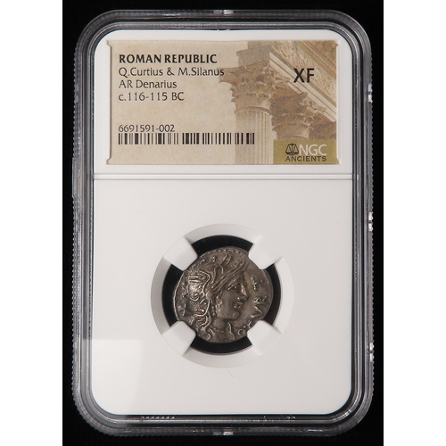 530 - Roman Republican: Q. Curtius & M. Silanus silver Denarius, Rome c.116-115 BC. Roma r. / Quadriga r. ... 