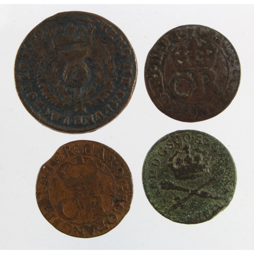 532 - Scotland copper (4): 2x Charles I Twopence ('Turner or Bodle') S.5602 Fine; Charles II: Bawbee 1679 ... 