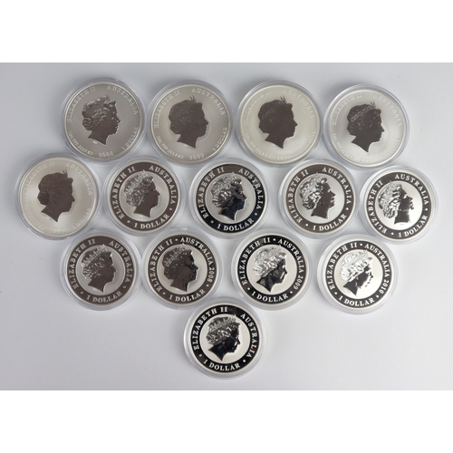 546 - Australia BU 1oz .999 silver coins (14): Kookaburras: 2011, 2012, 2013; Koalas: 2008, 2009, 2010, 20... 