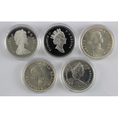 556 - Canada Silver Dollars (5). 1959, 1963, 1975, 1984 & 1995. GEF , Proof aFDC