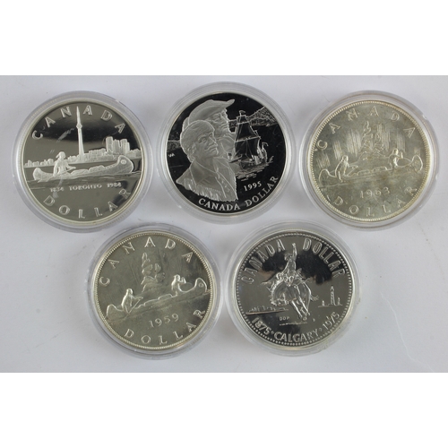 556 - Canada Silver Dollars (5). 1959, 1963, 1975, 1984 & 1995. GEF , Proof aFDC