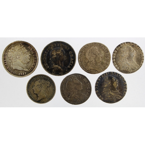 571 - GB & Ireland Silver (7): Shilling 1817 ex-mount VF; Sixpences: 1697 late harp large crowns, inverted... 