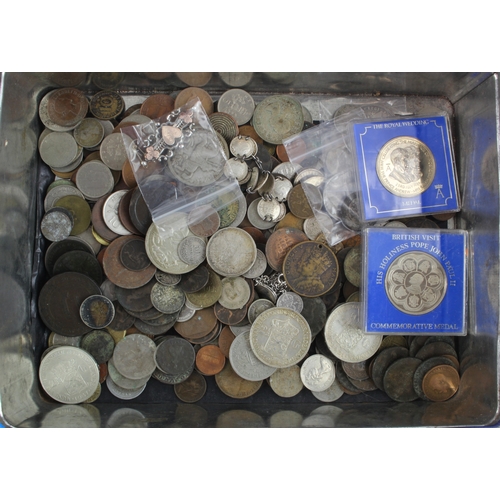 575 - GB & World coins etc, assortment in a tin, early to modern including silver. Noted Henry VIII posthu... 