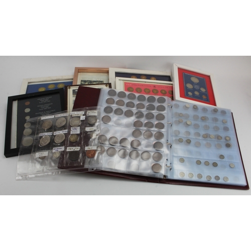 576 - GB & World Coins, a collection in an album, plus a loose page and framed sets.  Noted USA Half Dime ... 