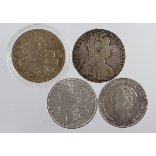 583 - GB & World crown-size silver coins (4): GB Crown 1935 EF, USA Morgan Dollar 1887 cleaned EF, Netherl... 