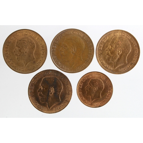 595 - GB Bronze (5) George V: Pennies: 1911nEF, 1913 nEF, 1927 GVF, 1936 patchy tone aEF, and Halfpenny 19... 