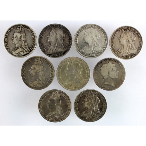 623 - GB Crowns (9): 1820 LX Fair, 1889 Fine, 1890 Fine, 1890 GVF, 1893 LVI nVF, 1894 LVII GF, 1895 LIX F-... 