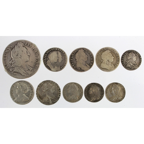 632 - GB Early Milled Silver (10): Crown 1696 Octavo ex-mount VG; Shillings: 1693 9/0 Fair-VG, 1696 Fair, ... 