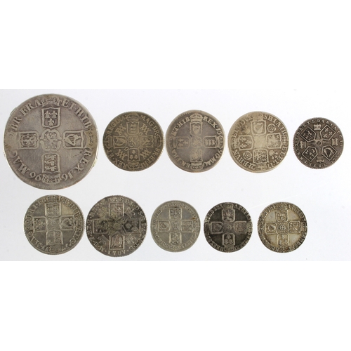 632 - GB Early Milled Silver (10): Crown 1696 Octavo ex-mount VG; Shillings: 1693 9/0 Fair-VG, 1696 Fair, ... 