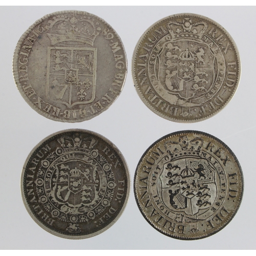 653 - GB Halfcrowns (4): 1689 Primo, first rev., caul & interior frosted, with pearls, Fine, a few marks; ... 