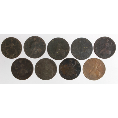 661 - GB Halfpennies (9) George II, mixed grade.