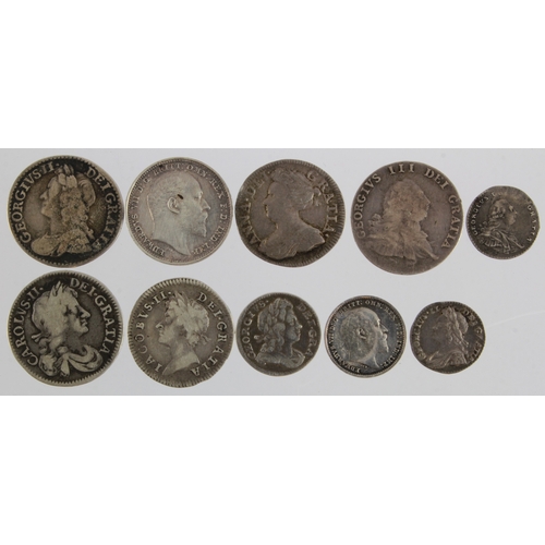 664 - GB Maundy Oddments (10): 1d's: 1752/0 VF, 1792 edge pinched GF; 2d's: 1717 GF, 1906 aEF; 3d's: 1687 ... 