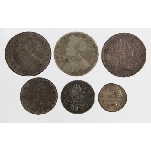 666 - GB Maundy Oddments (6) early milled: Penny 1687 GVF; Twopences: Charles II undated nVF, 1672/1 unbar... 