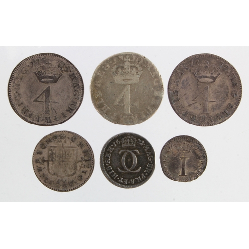 666 - GB Maundy Oddments (6) early milled: Penny 1687 GVF; Twopences: Charles II undated nVF, 1672/1 unbar... 