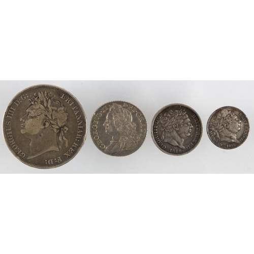 668 - GB milled silver (4): Crown 1822 Tertio nF; Shillings: 1758 VF, 1818 VF surface mark; and Sixpence 1... 