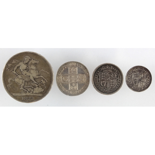 668 - GB milled silver (4): Crown 1822 Tertio nF; Shillings: 1758 VF, 1818 VF surface mark; and Sixpence 1... 