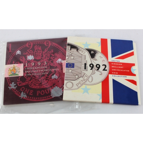 672 - GB Mnt sets (2) 1992 & 1993 both containing the scarce EU 50p. BU as issued