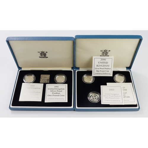 673 - GB One Pound silver proof Piedforts (7) 1994, 95, 99, 2000 & 2001. Housed in two incomplete blue cas... 