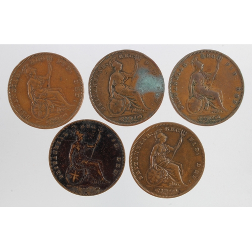 684 - GB Pennies (5) Queen Victoria large copper: 1841 OT no colon after REG nVF knocks, 1853 OT GF verdig... 