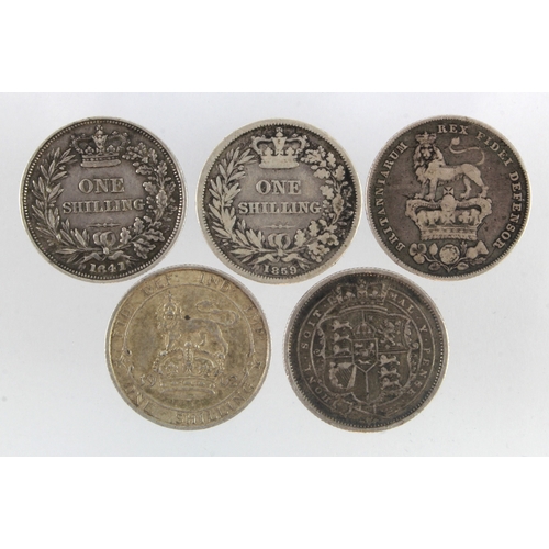 749 - GB Shillings (5): 1819 GF, 1826 Fine, 1841 (scarce date) nVF, 1859 VG, and 1902 VF.