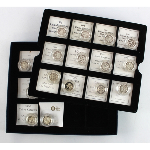 757 - GB Silver Proof £1 Coins (20) 1991 to 2009 plus a spare 2004, nFDC-FDC in capsules, with certs, in a... 