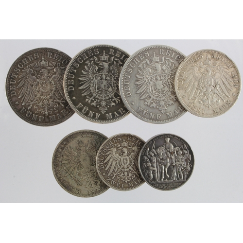 775 - German States, Prussia (7) silver, 2 Marks to 5 Marks, 19th-early 20thC, aVF-EF