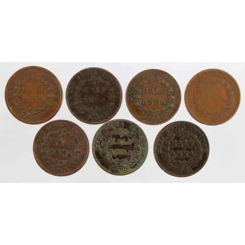 783 - India, East India Company copper Half Annas (7) 6x 1835, 1x 1845, mixed grade.