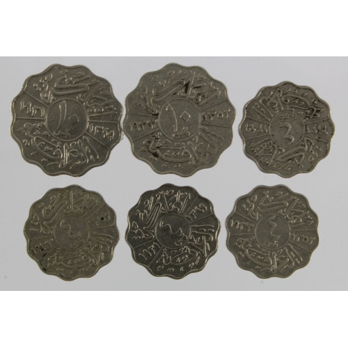 788 - Iraq nickel (6): 4 Fils 1931 x2, 1933 x2; 10 Fils 1931 and 1933; mixed grade.