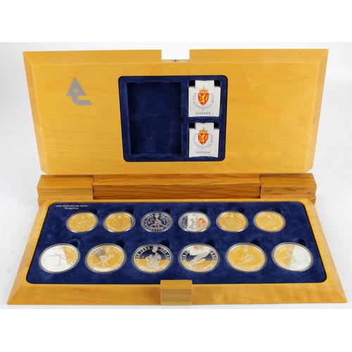 801 - Norway, Lillehammer 1994 Winter Olympics set of 12x silver proofs: 6x crown-size, 6x smaller. FDC in... 