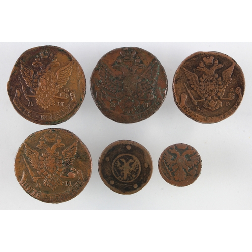 806 - Russia (6) 18thC copper: 5 Kopeks 1730 VG scratch; Denga 1740 Fine; 4x Catherine the Great large 5 K... 